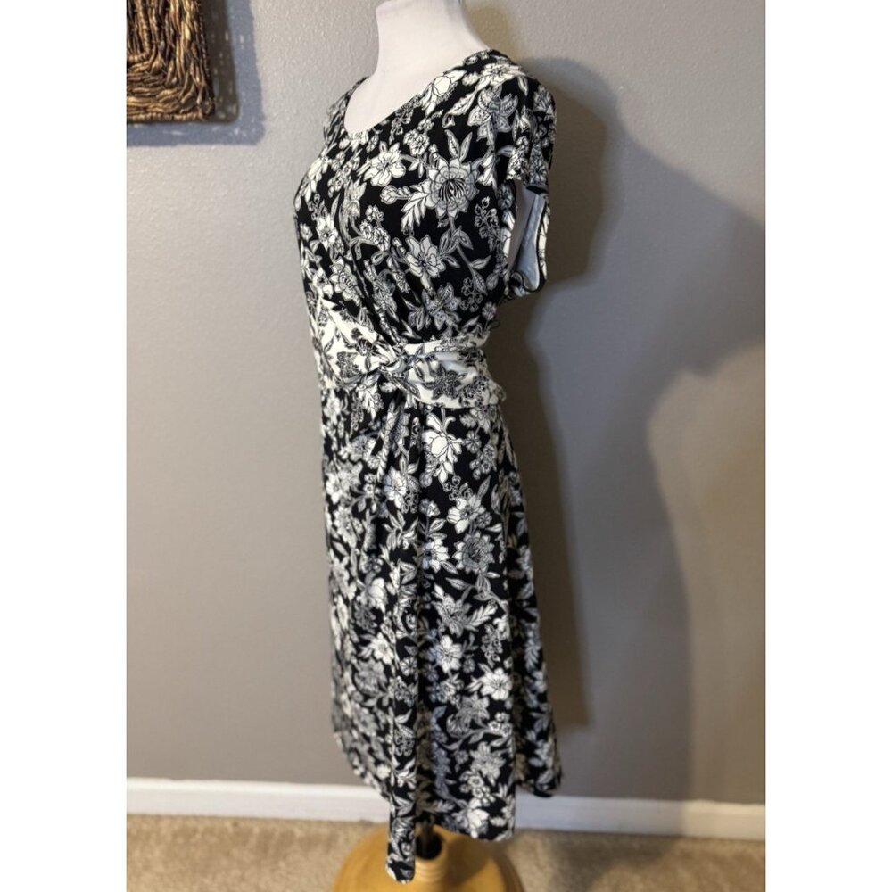 Lands End Dress XL Black Ivory Cap Sleeve Stretch Cotton Floral Washable NEW - Picture 7 of 14